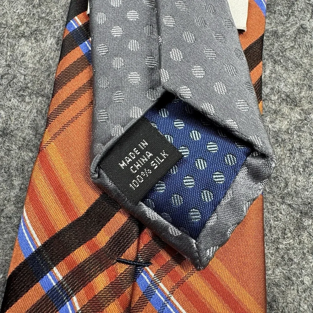 Perry Ellis Silk Tie Men's‎ Orange Blue Black Plaid 100% Silk Classic Business